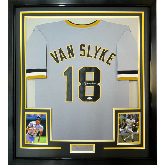 Framed Autographed/Signed Andy Van Slyke 35x39 Pittsburgh Grey Baseball Jersey JSA COA