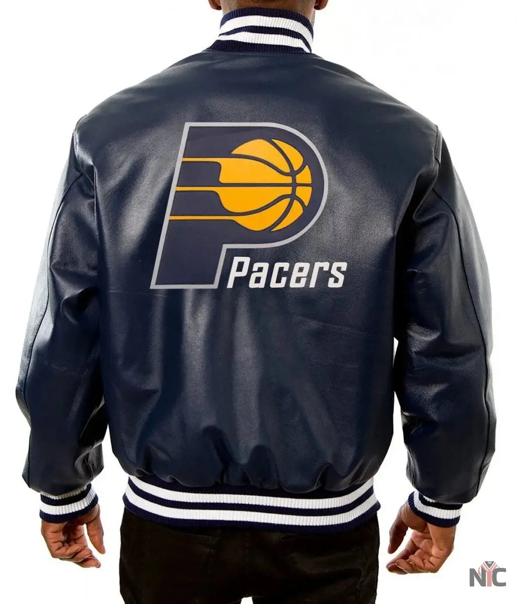 Varsity Indiana Pacers Navy Blue Leather Jacket
