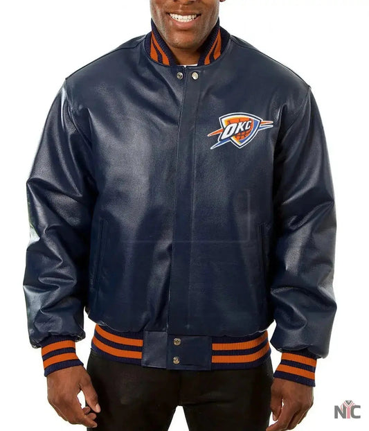 Varsity Oklahoma City Thunder Navy Blue Leather Jacket