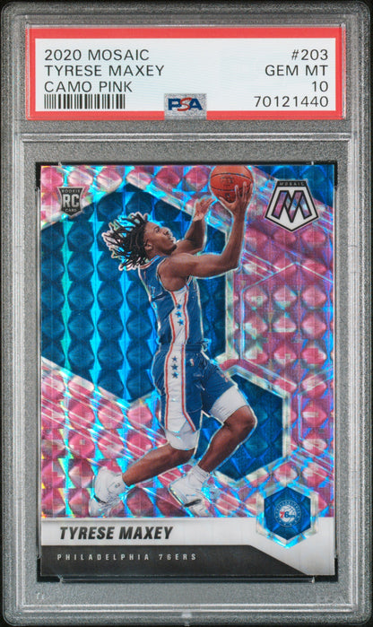Graded 2020 Panini Mosaic Tyrese Maxey #203 Camo Pink Rookie RC Basketball Card PSA 10 Gem Mint