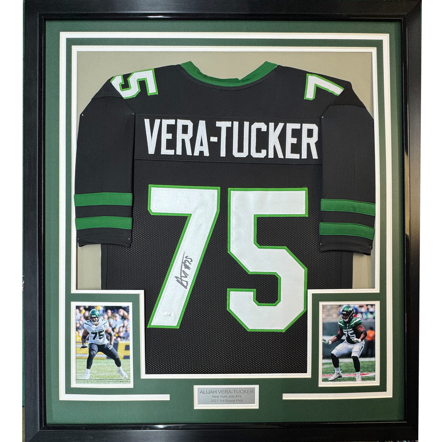 Framed Autographed/Signed Alijah Vera-Tucker 35x39 New York Black Football Jersey JSA COA