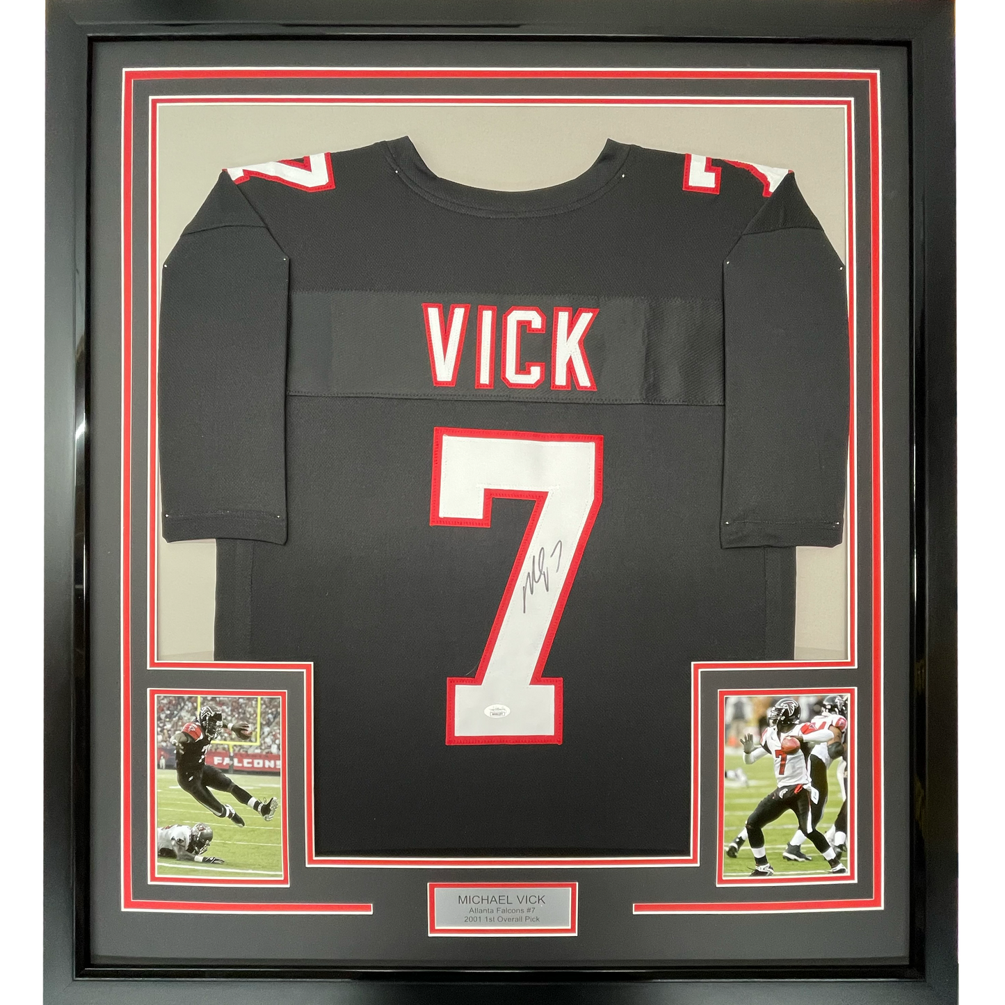 Framed Autographed/Signed Michael Mike Vick 35x39 Atlanta Retro Black Football Jersey JSA COA