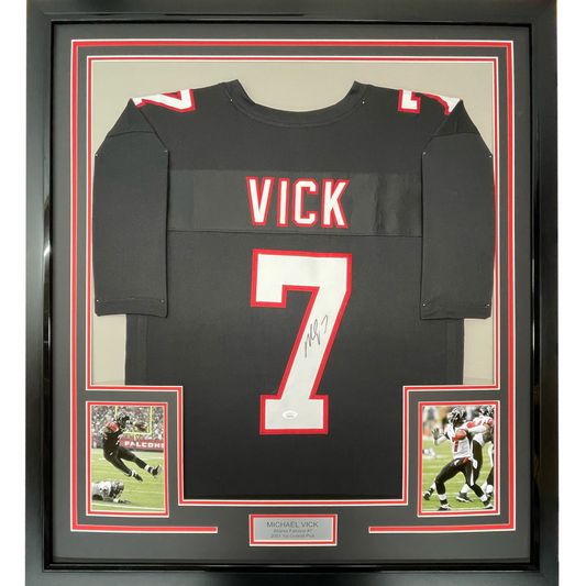 Framed Autographed/Signed Michael Mike Vick 35x39 Atlanta Retro Black Football Jersey JSA COA