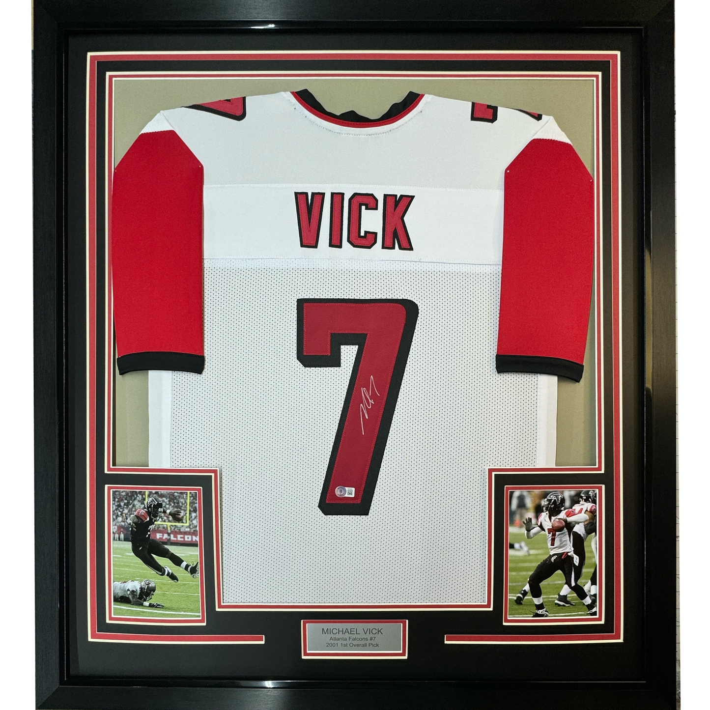 Framed Autographed/Signed Michael Mike Vick 35x39 Atlanta White Football Jersey PSA/DNA COA