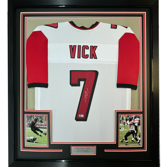 Framed Autographed/Signed Michael Mike Vick 35x39 Atlanta White Football Jersey PSA/DNA COA