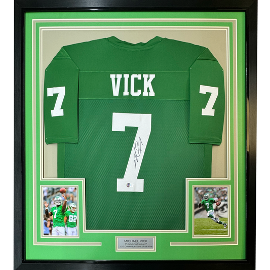 Framed Autographed/Signed Michael Mike Vick 35x39 Philadelphia Kelly Green Football Jersey Beckett BAS COA