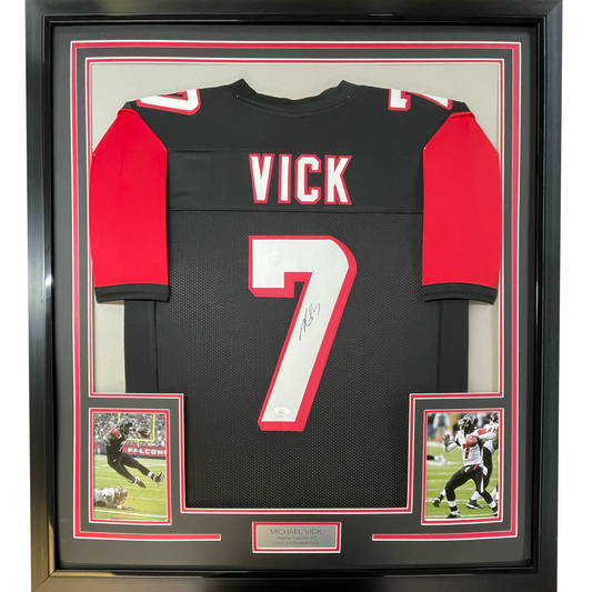 Framed Autographed/Signed Michael Mike Vick 35x39 Atlanta Black Football Jersey PSA/DNA COA