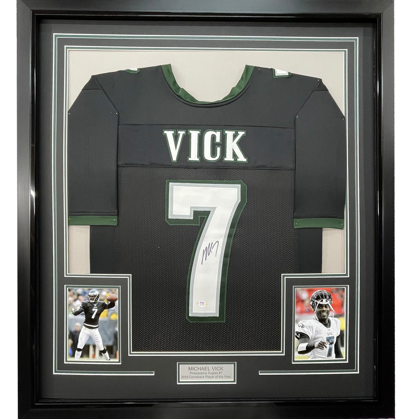 Framed Autographed/Signed Michael Mike Vick 35x39 Philadelphia Black Football Jersey PSA/DNA COA