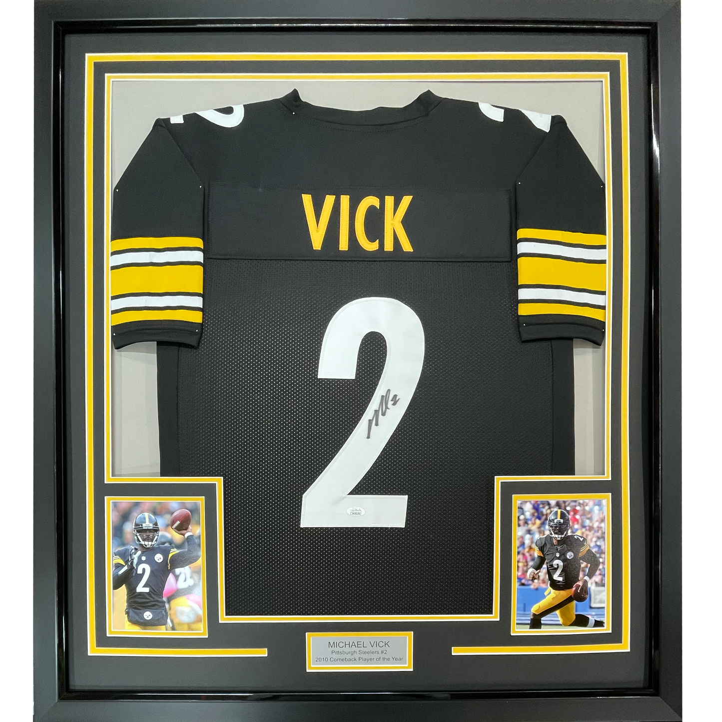 Framed Autographed/Signed Michael Mike Vick 35x39 Pittsburgh Black Football Jersey JSA COA