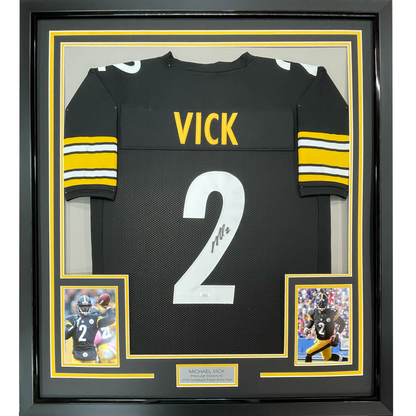 Framed Autographed/Signed Michael Mike Vick 35x39 Pittsburgh Black Football Jersey JSA COA