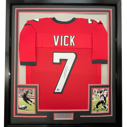 Framed Autographed/Signed Michael Mike Vick 35x39 Atlanta Red Football Jersey PSA/DNA COA