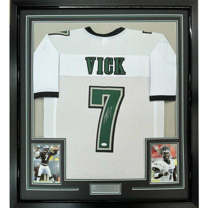 Framed Autographed/Signed Michael Mike Vick 35x39 Philadelphia White Football Jersey PSA/DNA COA
