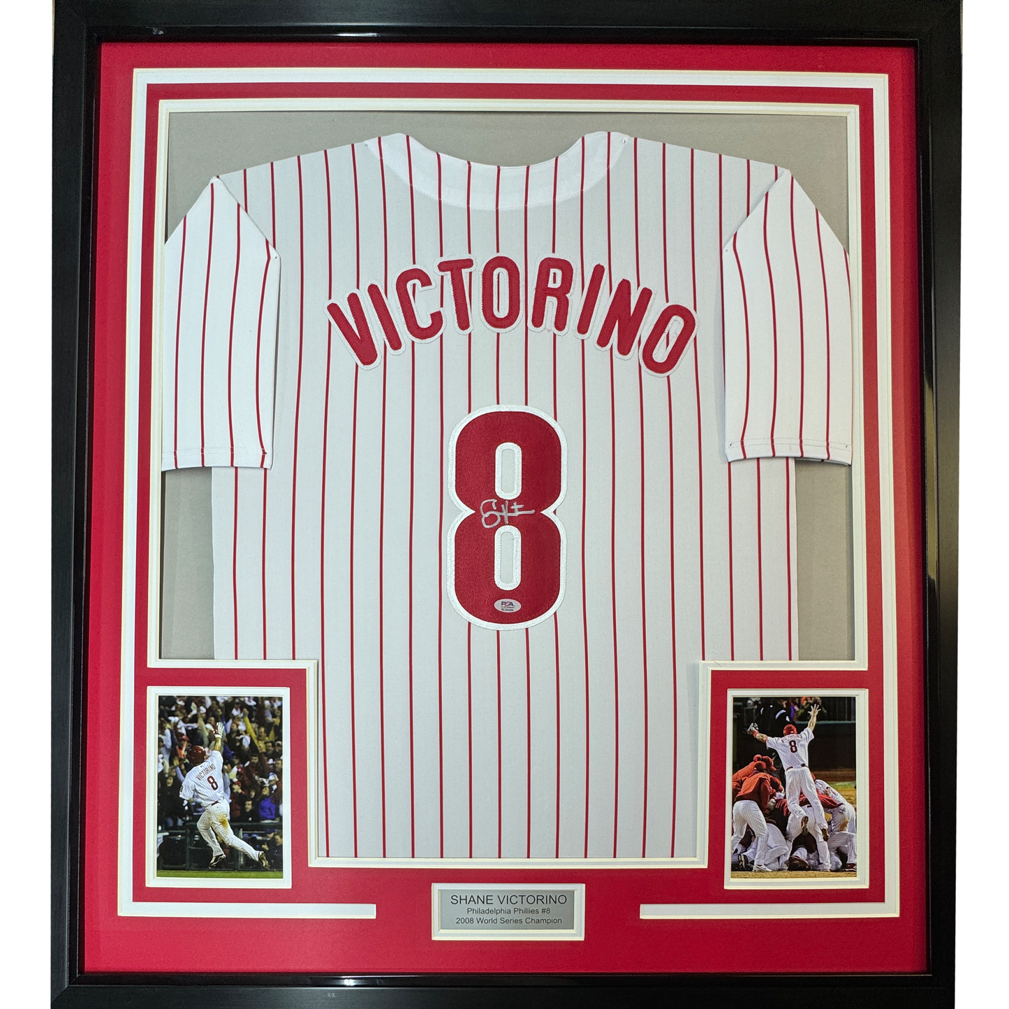 Framed Autographed/Signed Shane Victorino 35x39 Philadelphia Pinstripe Baseball Jersey PSA COA
