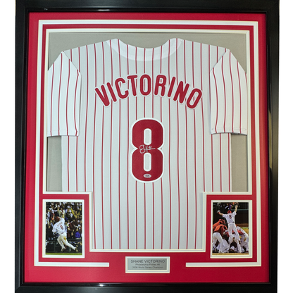 Framed Autographed/Signed Shane Victorino 35x39 Philadelphia Pinstripe Baseball Jersey PSA COA