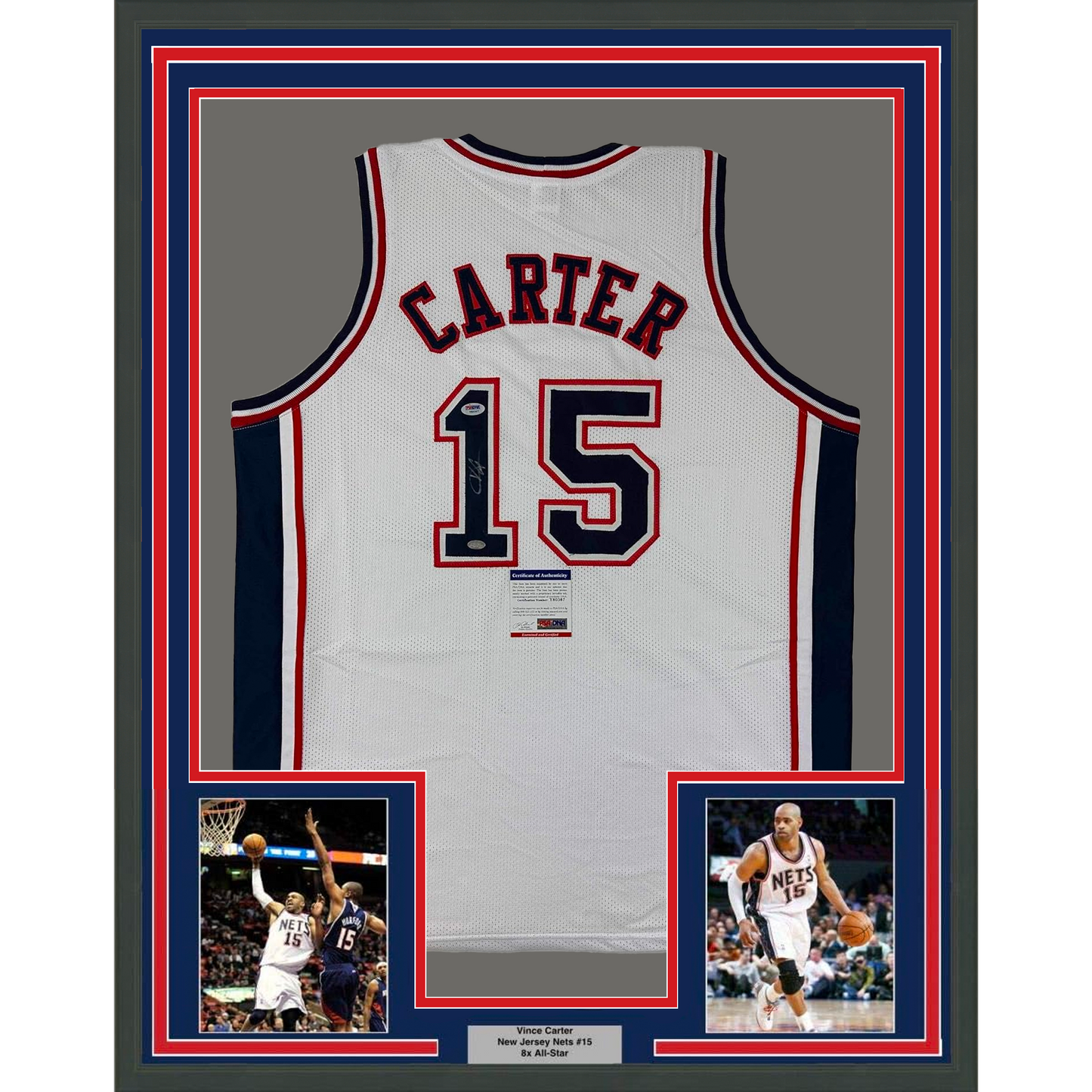 Framed Autographed/Signed Vince Carter 35x39 New Jersey NJ White Basketball Jersey PSA/DNA COA