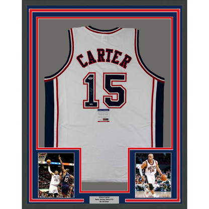 Framed Autographed/Signed Vince Carter 35x39 New Jersey NJ White Basketball Jersey PSA/DNA COA