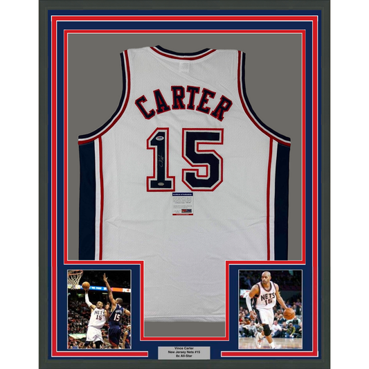 Framed Autographed/Signed Vince Carter 35x39 New Jersey NJ White Basketball Jersey PSA/DNA COA