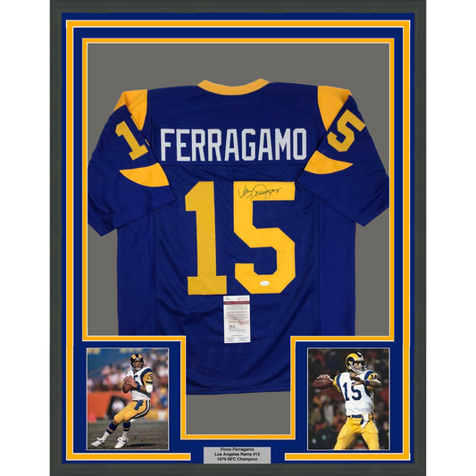 Framed Autographed/Signed Vince Ferragamo 35x39 Los Angeles LA Rams Blue Football Jersey JSA COA