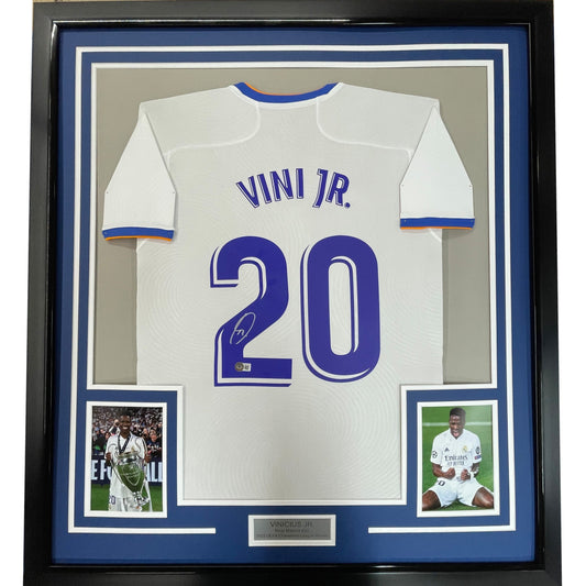 Framed Autographed/Signed Vini Vinicius Jr. 35x39 Real Madrid White Soccer Jersey Beckett BAS COA