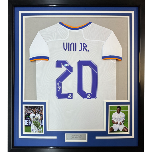 Framed Autographed/Signed Vini Vinicius Jr. 35x39 Real Madrid White Soccer Jersey Beckett BAS COA #2