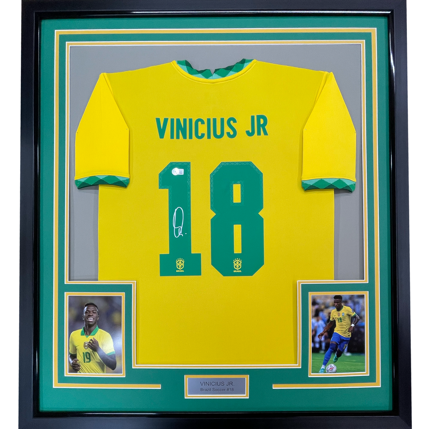 Framed Autographed/Signed Vini Vinicius Jr. #18 35x39 Brazil Yellow Soccer Jersey Beckett BAS COA