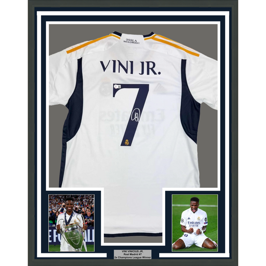 Framed Autographed/Signed Vini Vinicius Jr. 35x39 Real Madrid White Soccer Jersey Beckett BAS COA