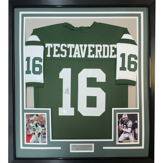 Framed Autographed/Signed Vinny Testaverde 35x39 New York Green Football Jersey JSA COA