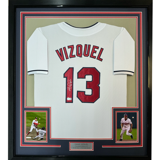 Framed Autographed/Signed Omar Vizquel 35x39 Cleveland White Baseball Jersey PSA/DNA COA
