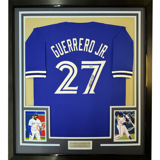 Framed Autographed/Signed Vladimir Vlad Guerrero Jr. 35x39 Toronto Blue Baseball Jersey PSA/DNA COA