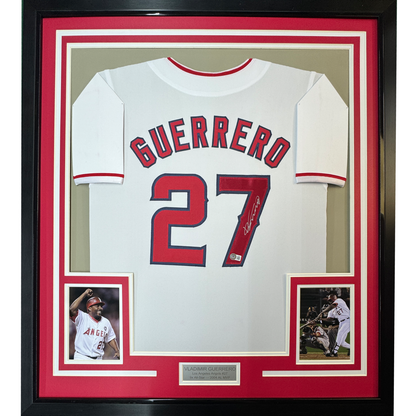 Framed Autographed/Signed Vladimir Vlad Guerrero 35x39 Los Angeles LA Anaheim White Baseball Jersey Beckett BAS COA