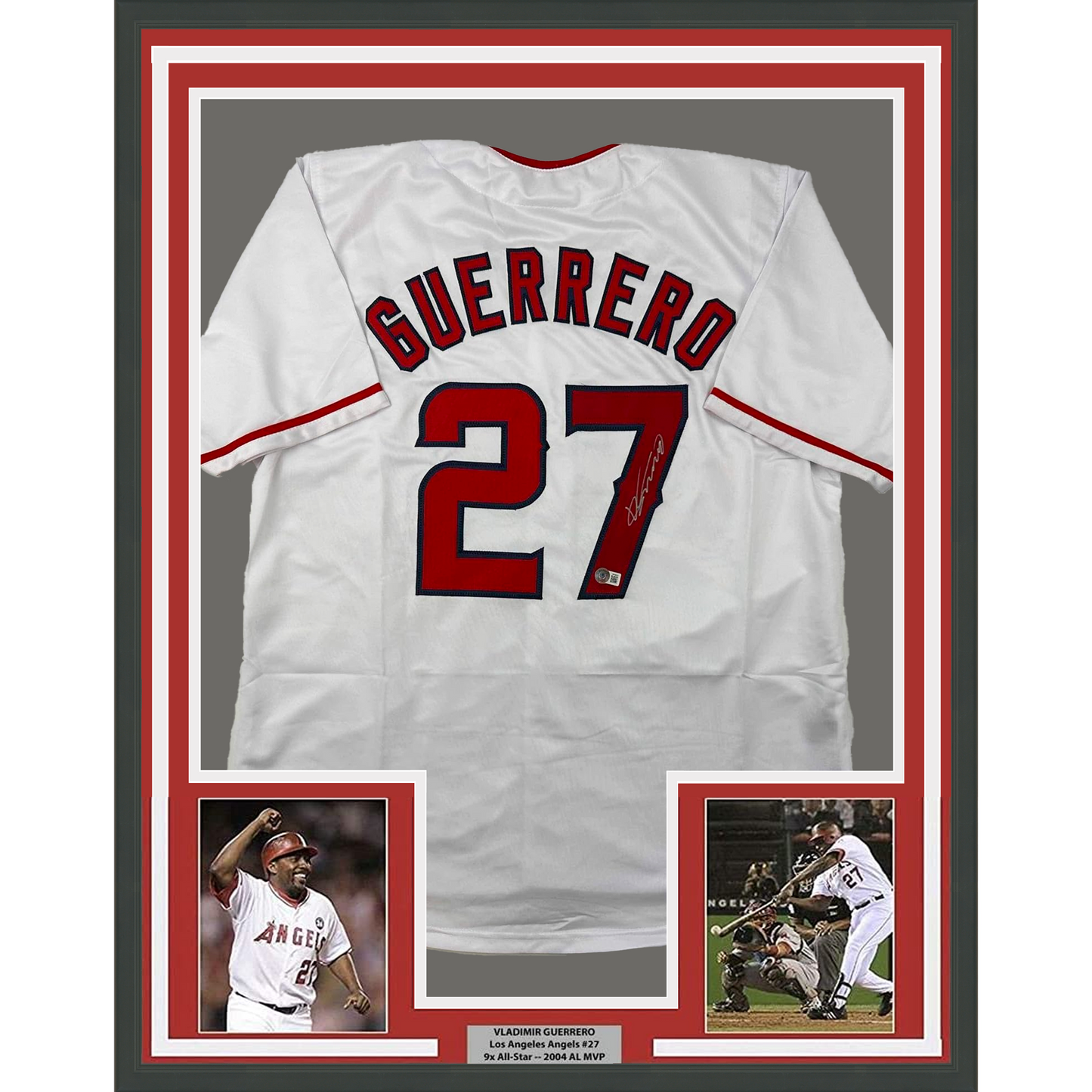 Framed Autographed/Signed Vladimir Vlad Guerrero 35x39 Los Angeles LA Anaheim White Baseball Jersey Beckett BAS COA
