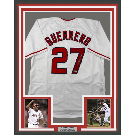 Framed Autographed/Signed Vladimir Vlad Guerrero 35x39 Los Angeles LA Anaheim White Baseball Jersey Beckett BAS COA