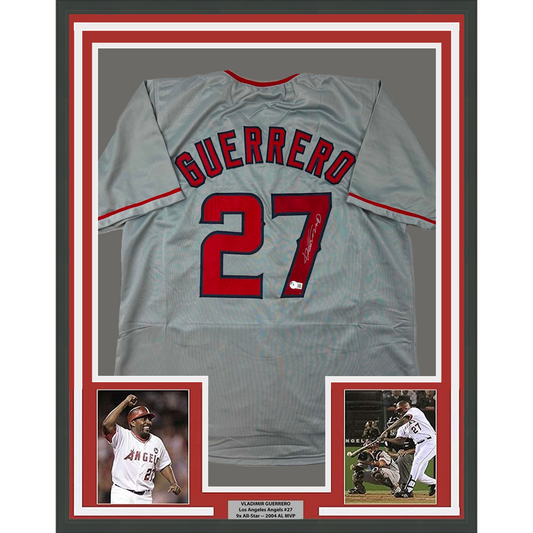 Framed Autographed/Signed Vladimir Vlad 35x39 Guerrero Los Angeles LA Anaheim Grey Baseball Jersey Beckett BAS COA