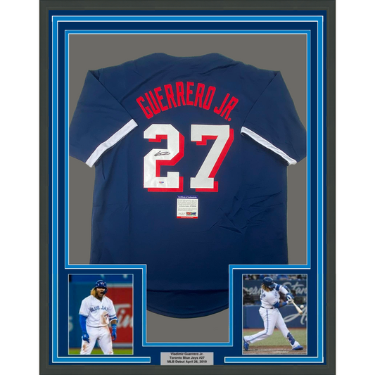 Framed Autographed/Signed Vladimir Vlad Guerrero Jr. 35x39 2021 All-Star Game Blue Baseball Jersey PSA/DNA COA