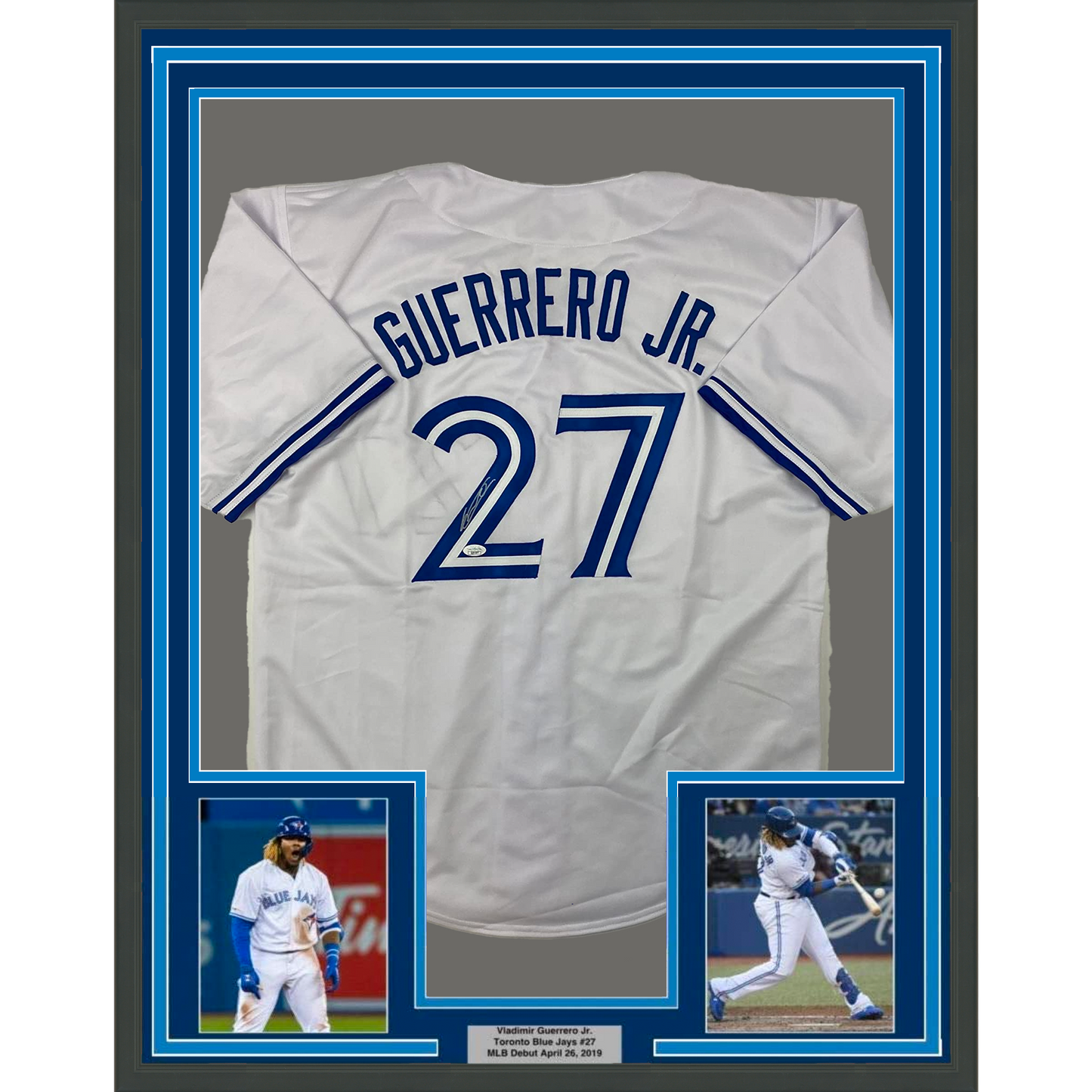 Framed Autographed/Signed Vladimir Vlad Guerrero Jr. 35x39 Toronto White Baseball Jersey JSA COA