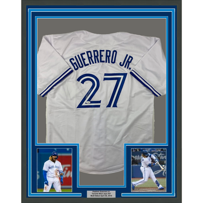 Framed Autographed/Signed Vladimir Vlad Guerrero Jr. 35x39 Toronto White Baseball Jersey JSA COA