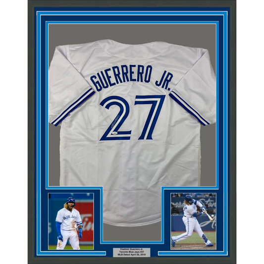 Framed Autographed/Signed Vladimir Vlad Guerrero Jr. 35x39 Toronto White Baseball Jersey JSA COA