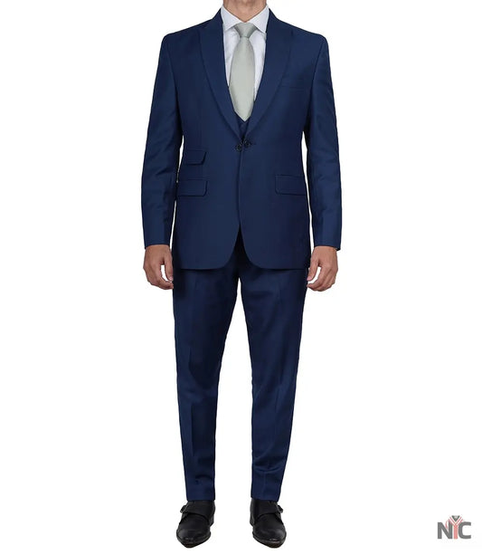 Vollmer Men's Blue Peak Lapel Three Piece Suit