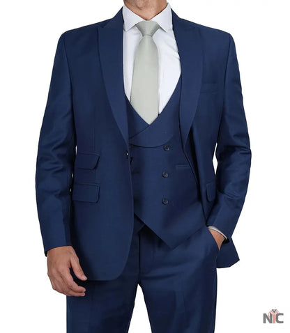 Vollmer Men's Blue Peak Lapel Three Piece Suit