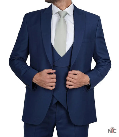 Vollmer Men's Blue Peak Lapel Three Piece Suit