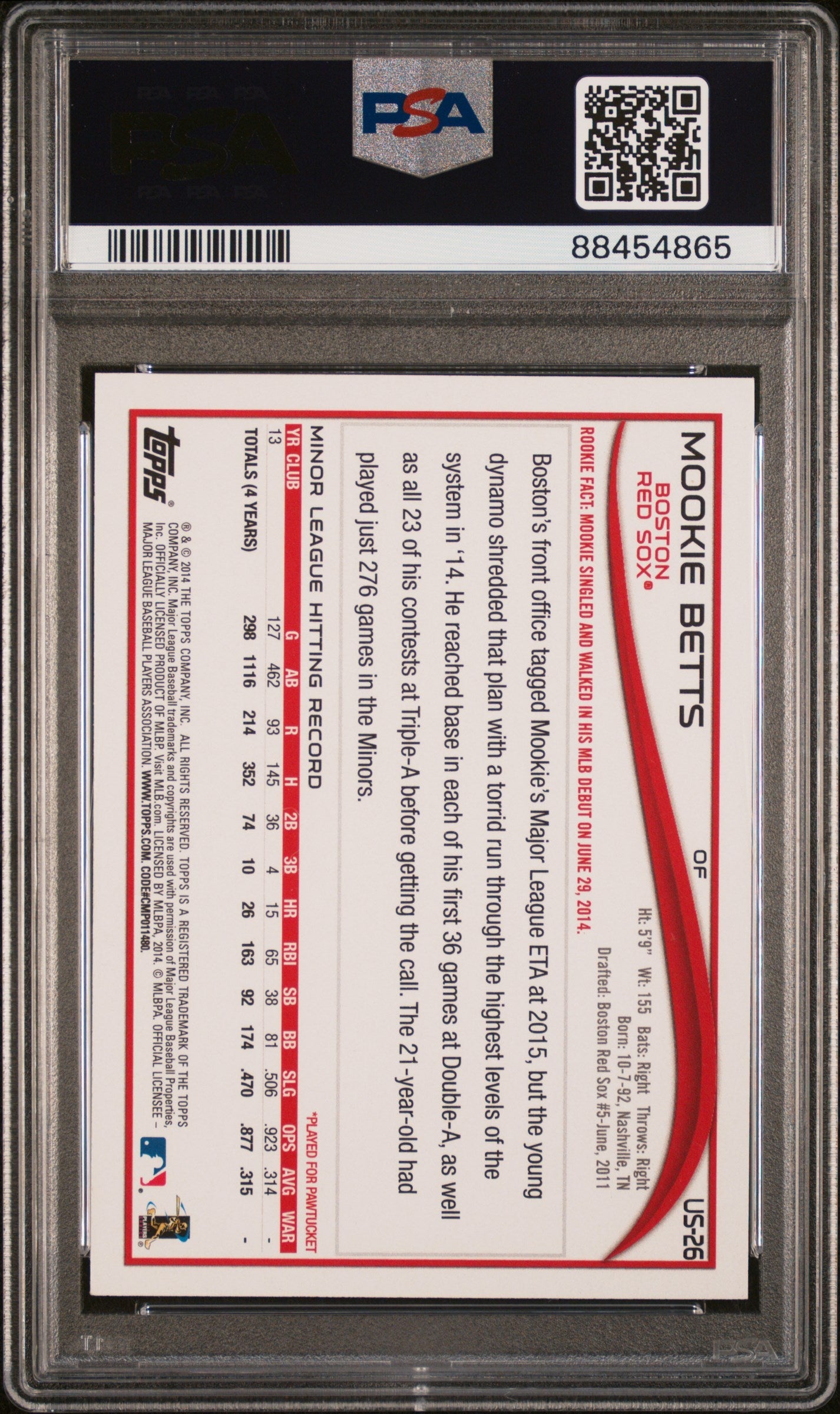 Graded 2014 Topps Update Mookie Betts #US26 Batting Rookie RC Baseball Card PSA 9 Mint
