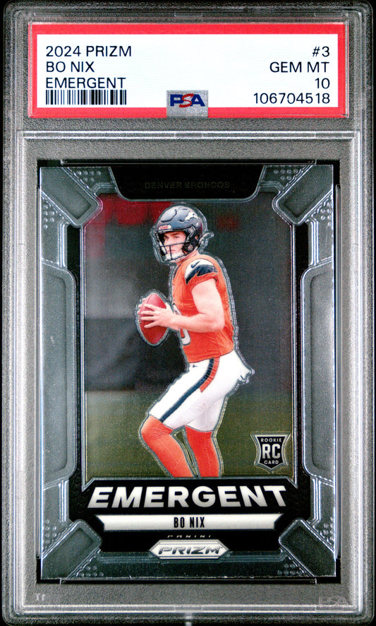 Graded 2024 Panini Prizm Bo Nix #3 Emergent Rookie RC Football Card PSA 10 Gem Mint