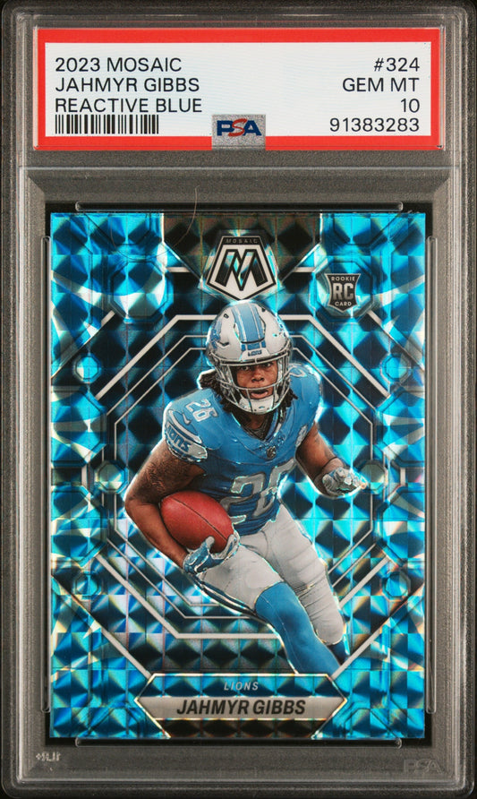 Graded 2023 Mosaic Jahmyr Gibbs #324 Reactive Blue Rookie RC Football Card PSA 10 Gem Mint