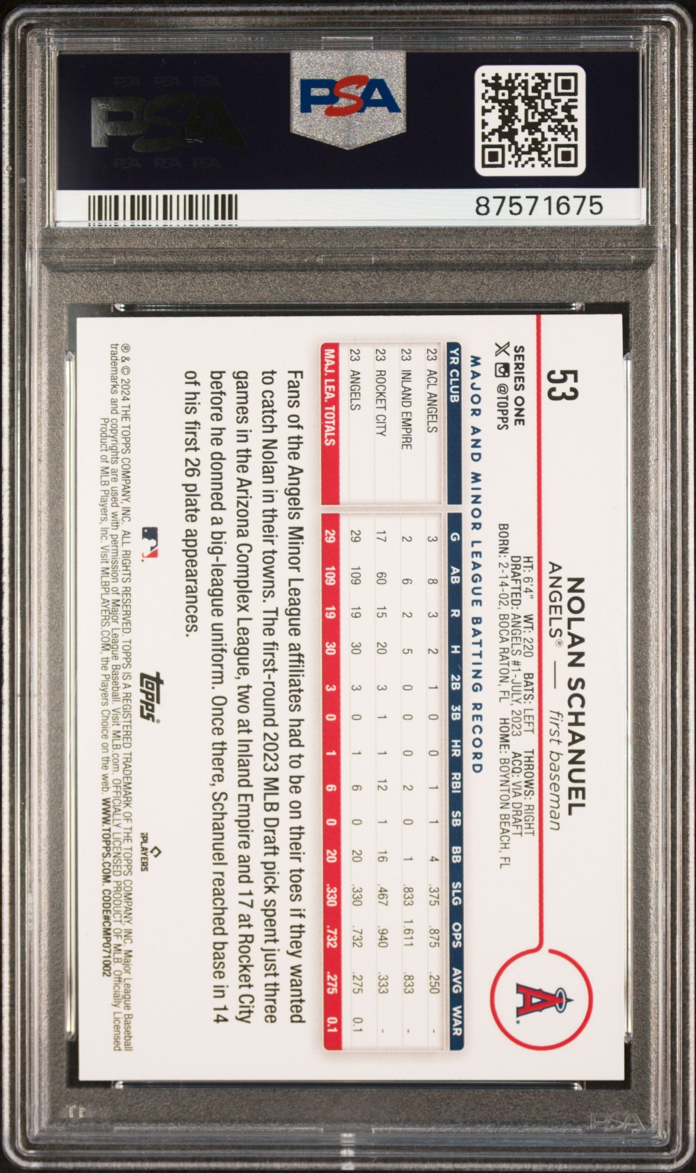 Graded 2024 Topps Nolan Schanuel #53 Rookie RC Baseball Card PSA 10 Gem Mint