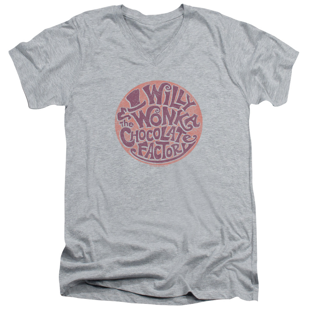 Willy Wonka And The Chocolate Factory Circle Logo Mens Slim Fit V-Neck T Shirt Athletic Heather Officially Licensed