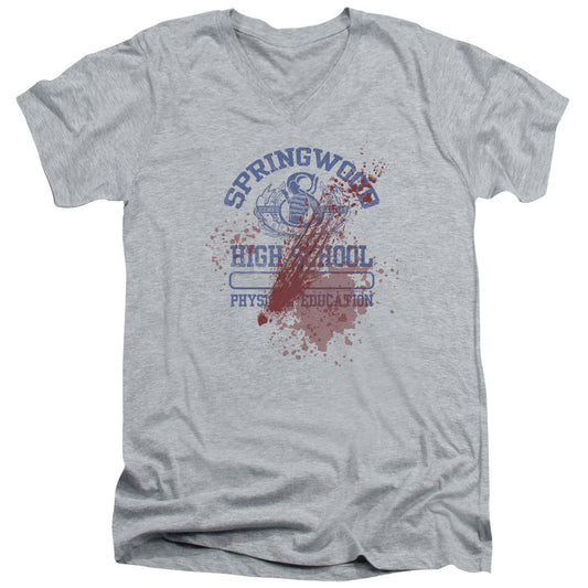 Nightmare On Elm Street Springwood High Victim Mens Slim Fit V-Neck T Shirt Athletic Heather Officially Licensed