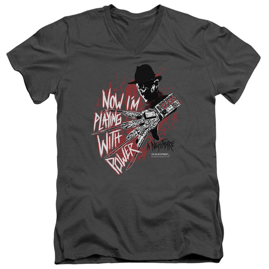 Nightmare On Elm Street Playing With Power Mens Slim Fit V-Neck T Shirt Charcoal Officially Licensed