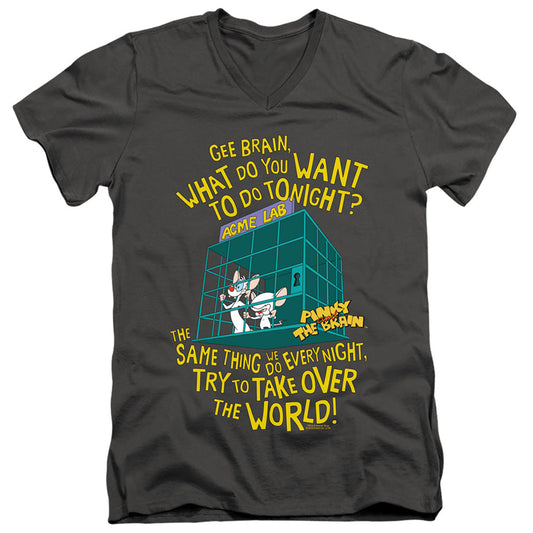Pinky And The Brain The World Mens Slim Fit V-Neck T Shirt Charcoal Officially Licensed