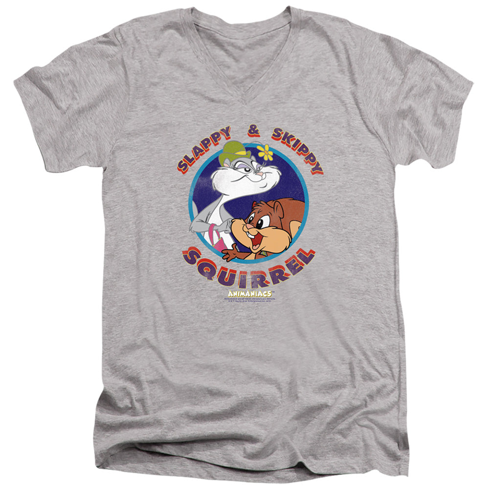 Animaniacs Slappy And Skippy Squirrel Mens Slim Fit V-Neck T Shirt Athletic Heather Officially Licensed