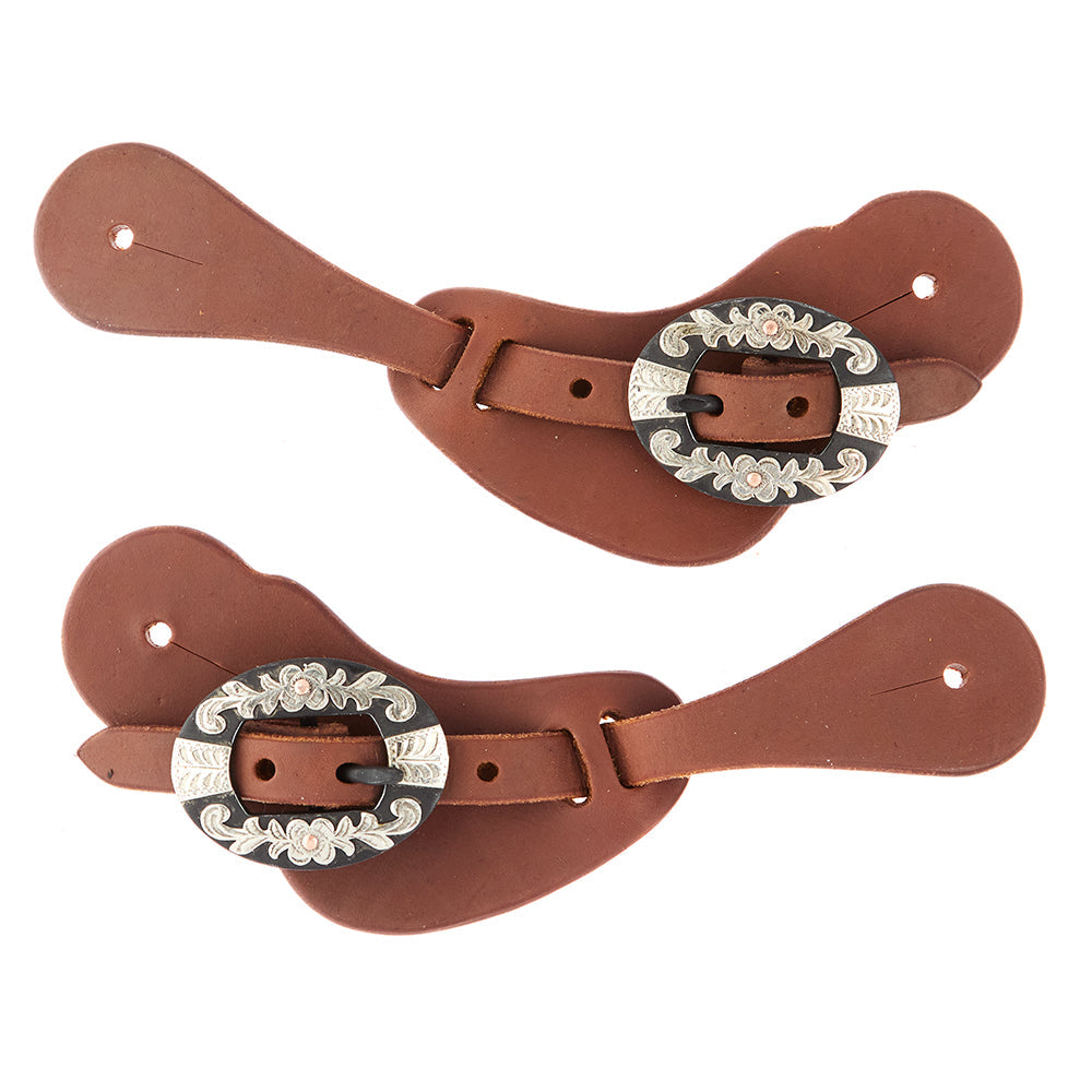 Ladies Youth Heavy Oiled Cowboy Spur Straps With Floral Buckles